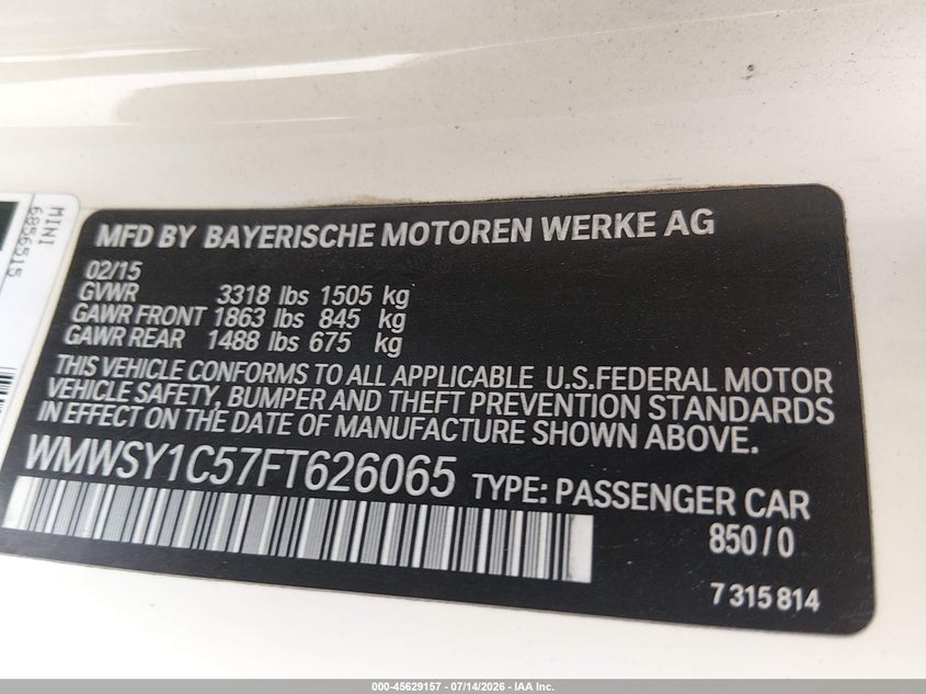 2015 Mini Roadster VIN WMWSY1C57FT626065 IAAI salvage auction — FRONT END, Salvage Title, sold $1,800 on 2026-08-18 (photo 9)