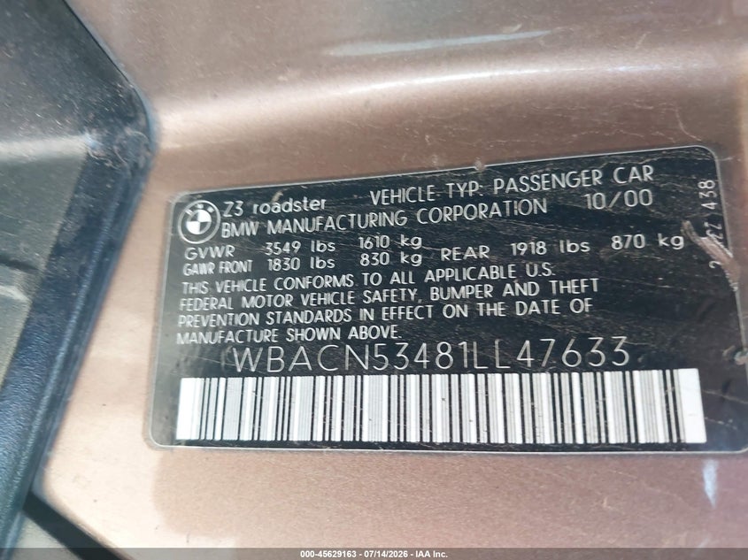 2001 BMW Z3 VIN WBACN53481LL47633 IAAI salvage auction — SIDE, Salvage (Arizona), sold $2,950 on 2026-07-24 (photo 9)