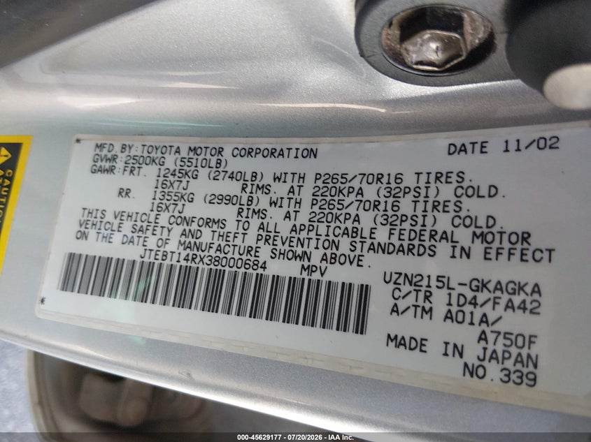 2003 Toyota 4runner VIN JTEBT14RX38000684 IAAI salvage auction — NORMAL WEAR, Clear (Utah), sold $2,100 on 2026-07-31 (photo 9)