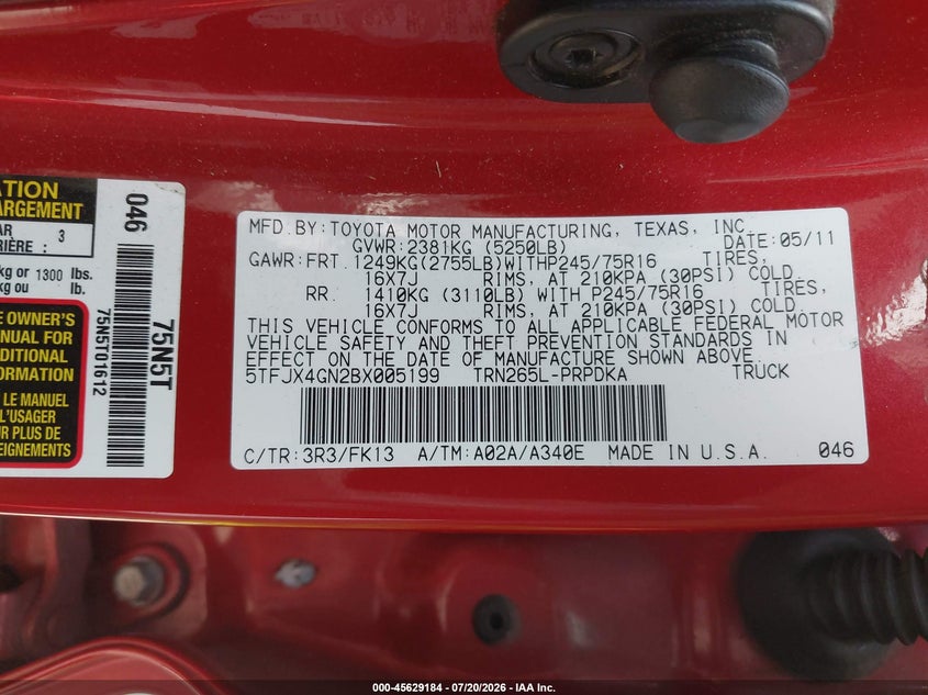 2011 Toyota Tacoma VIN 5TFJX4GN2BX005199 IAAI salvage auction — REAR END, Bill Of Sale (Washington), sold $3,650 on 2026-07-29 (photo 9)