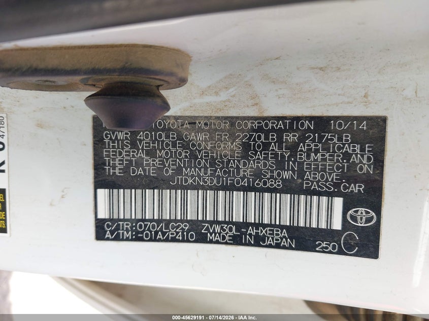 2015 Toyota Prius VIN JTDKN3DU1F0416088 IAAI salvage auction — LEFT FRONT, Salvage (Arizona), sold $1,700 on 2026-07-29 (photo 9)