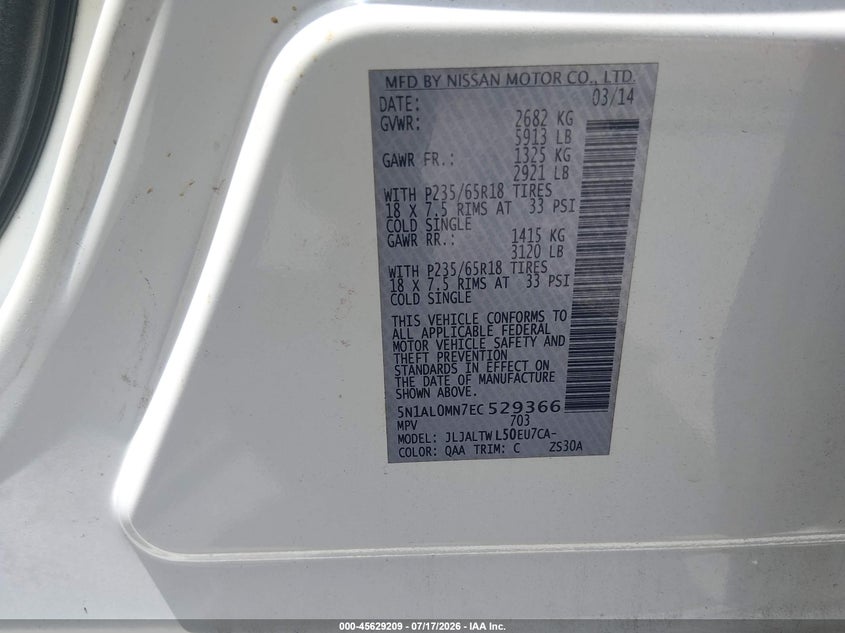 2014 Infiniti Qx60 VIN 5N1AL0MN7EC529366 IAAI salvage auction — NORMAL WEAR, Reconstructed (Louisiana), sold $950 on 2026-08-03 (photo 9)