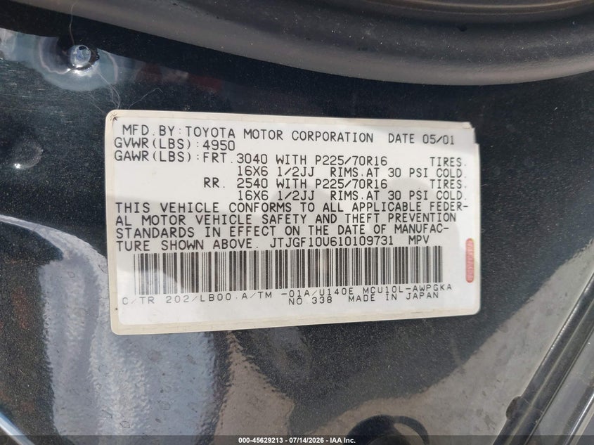 2001 Lexus Rx 300 VIN JTJGF10U610109731 IAAI salvage auction — NORMAL WEAR, Salvage (California), sold $350 on 2026-07-23 (photo 9)