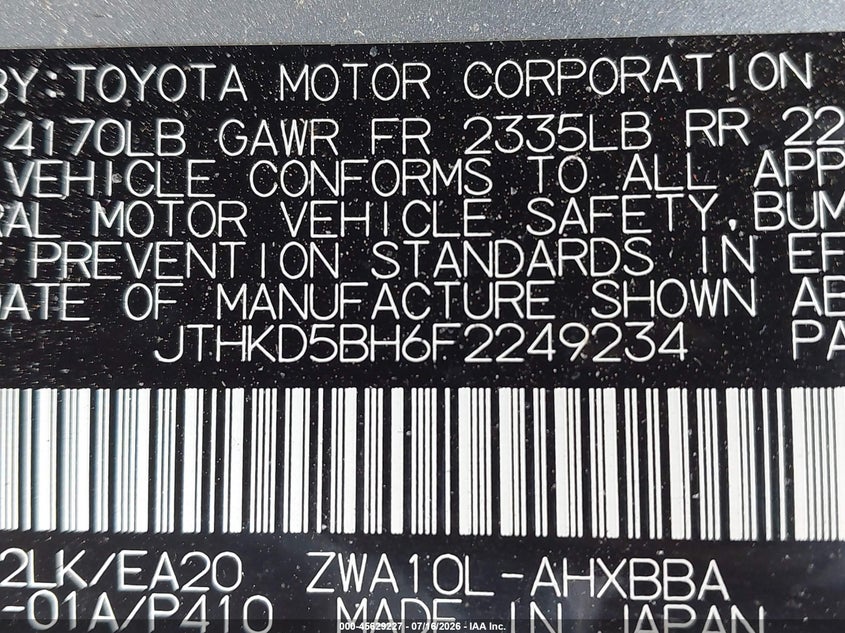 2015 Lexus Ct VIN JTHKD5BH6F2249234 IAAI salvage auction — FRONT END, Salvage Title, sold $1,350 on 2026-07-29 (photo 9)