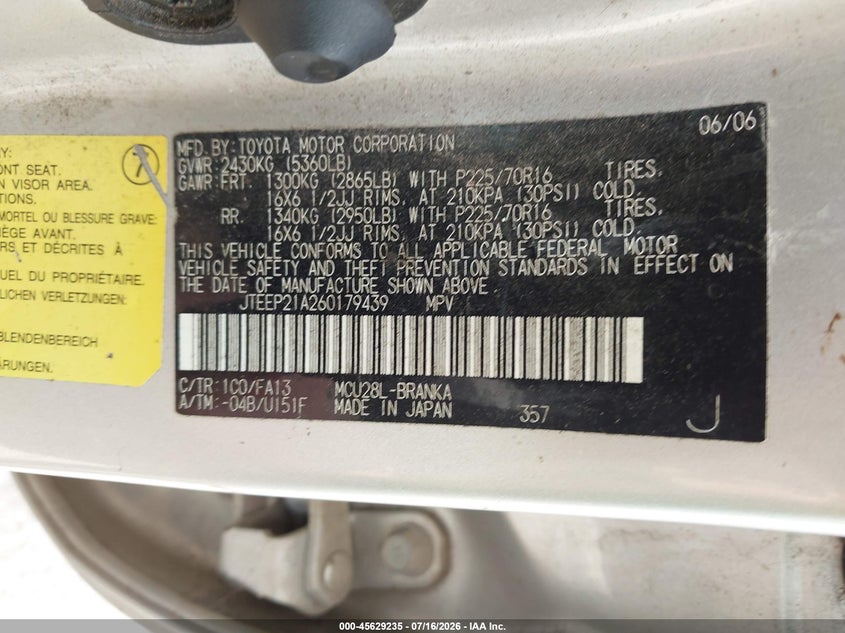 2006 Toyota Highlander VIN JTEEP21A260179439 IAAI salvage auction — NORMAL WEAR, Clear (Virginia), sold $75 on 2026-07-24 (photo 9)