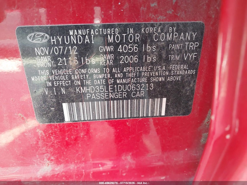 2013 Hyundai Elantra VIN KMHD35LE1DU063213 IAAI salvage auction — NORMAL WEAR, Original (Texas), sold $375 on 2026-07-28 (photo 9)
