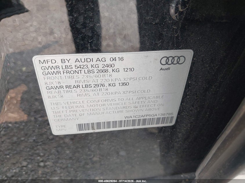 2016 Audi Q5 VIN WA1C2AFP5GA136785 IAAI salvage auction — FRONT END, Salvage (Pennsylvania), sold $450 on 2026-07-31 (photo 9)