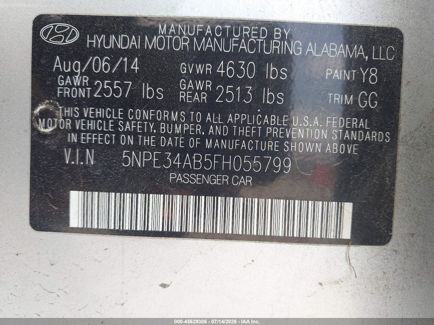 2015 Hyundai Sonata VIN 5NPE34AB5FH055799 IAAI salvage auction — NORMAL WEAR, Salvage Rebuilt (North Carolina), sold $2,300 on 2026-08-01 (photo 9)