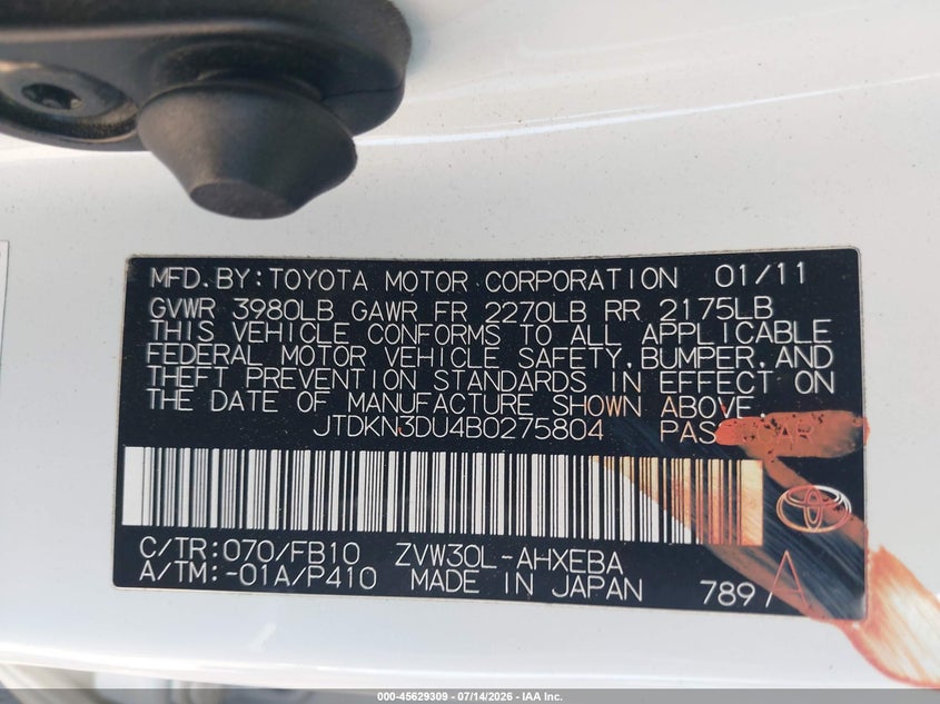 2011 Toyota Prius VIN JTDKN3DU4B0275804 IAAI salvage auction — FRONT END, Salvage (California), sold $850 on 2026-07-29 (photo 9)