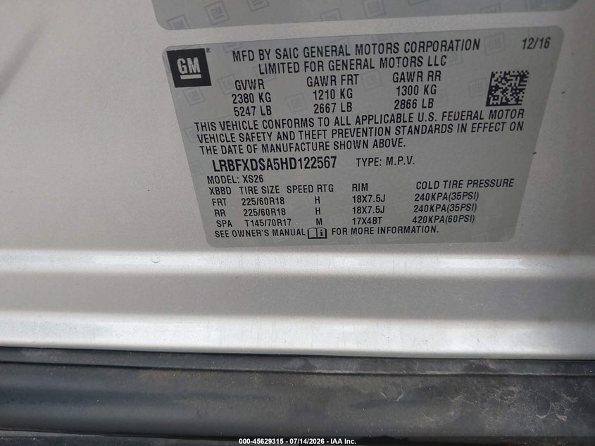 2017 Buick Envision VIN LRBFXDSA5HD122567 IAAI salvage auction — NORMAL WEAR, Clear (Florida), sold $425 on 2026-07-29 (photo 9)