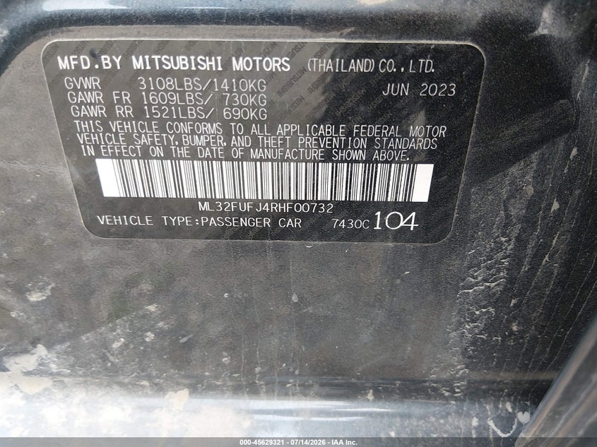 2024 Mitsubishi Mirage VIN ML32FUFJ4RHF00732 IAAI salvage auction — FRONT END, Salvage (Illinois), sold $1,500 on 2026-09-05 (photo 9)
