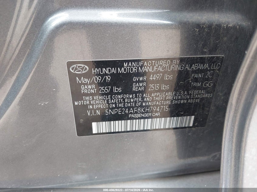 2019 Hyundai Sonata VIN 5NPE24AF8KH794715 IAAI salvage auction — FRONT END, Salvage (Texas), sold $25 on 2026-08-20 (photo 9)