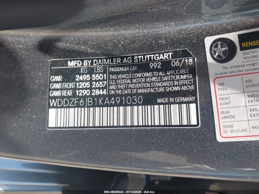 2019 Mercedes-benz E-klasse VIN WDDZF6JB1KA491030 IAAI salvage auction — STORM DAMAGE, Wait Title, sold $10,575 on 2026-08-11 (photo 9)