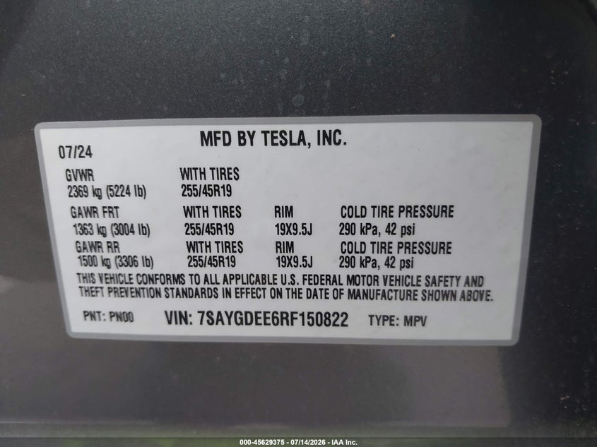 2024 Tesla Model y VIN 7SAYGDEE6RF150822 IAAI salvage auction — RIGHT SIDE, Salvage (Hawaii), sold $7,700 on 2026-07-28 (photo 9)