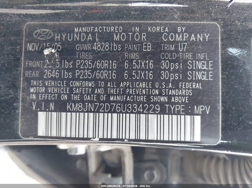 2006 Hyundai Tucson VIN KM8JN72D76U334229 IAAI salvage auction — NORMAL WEAR, Clear (Washington), sold $300 on 2026-07-22 (photo 9)