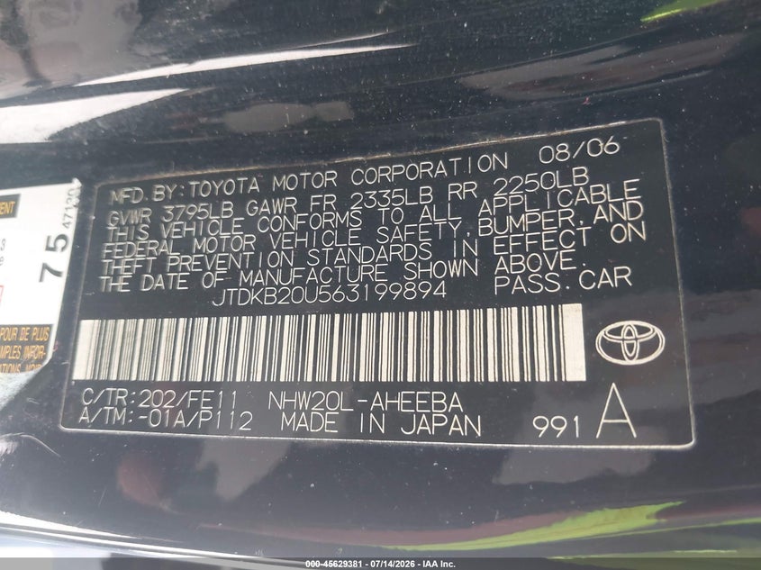 2006 Toyota Prius VIN JTDKB20U563199894 IAAI salvage auction — NORMAL WEAR, Clear - Dealer Only (California), sold $550 on 2026-07-20 (photo 9)