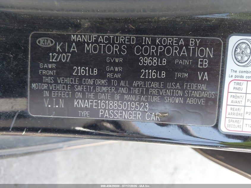 2008 Kia Spectra VIN KNAFE161885019523 IAAI salvage auction — NORMAL WEAR, Clear-Dealer Only (North Carolina), sold $25 on 2026-07-29 (photo 9)
