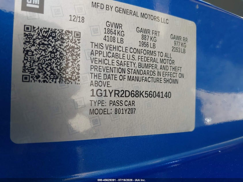 2019 Chevrolet Corvette VIN 1G1YR2D68K5604140 IAAI salvage auction — THEFT, Salvage - Greater Than 75% (Maryland), sold $45,250 on 2026-08-26 (photo 9)