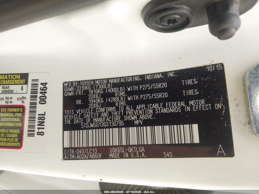 2016 Toyota Sequoia VIN 5TDJW5G13GS130795 IAAI salvage auction — ROOF, Salvage (Ohio), sold $6,600 on 2026-07-28 (photo 9)
