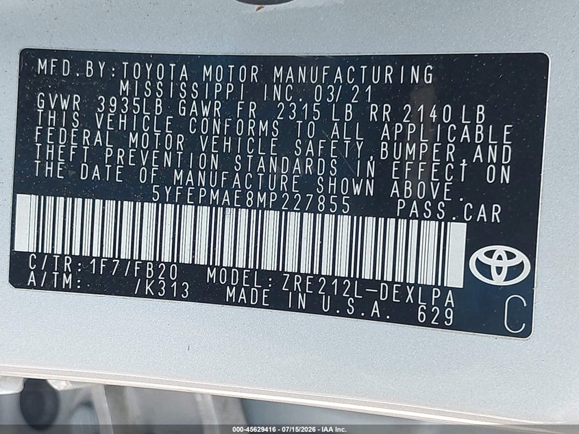 2021 Toyota Corolla VIN 5YFEPMAE8MP227855 IAAI salvage auction — FRONT & REAR, Clear (New Jersey), sold $3,150 on 2026-07-20 (photo 9)