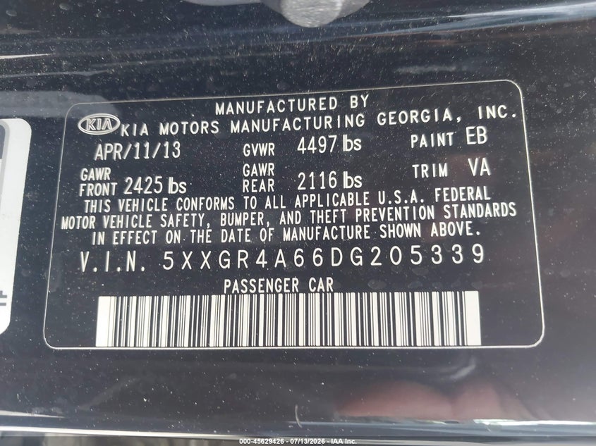 2013 Kia Optima VIN 5XXGR4A66DG205339 IAAI salvage auction — LEFT SIDE, Clear - Dealer Only (California), sold $300 on 2026-07-29 (photo 9)