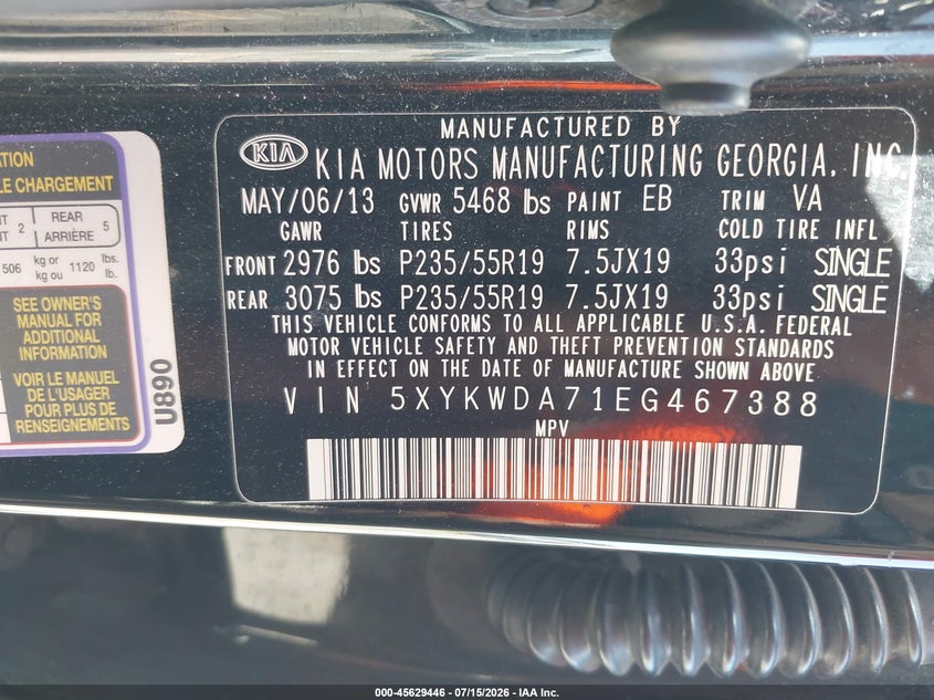 2014 Kia Sorento VIN 5XYKWDA71EG467388 IAAI salvage auction — NORMAL WEAR, Clear - Dealer Only (California), sold $1,250 on 2026-07-18 (photo 9)