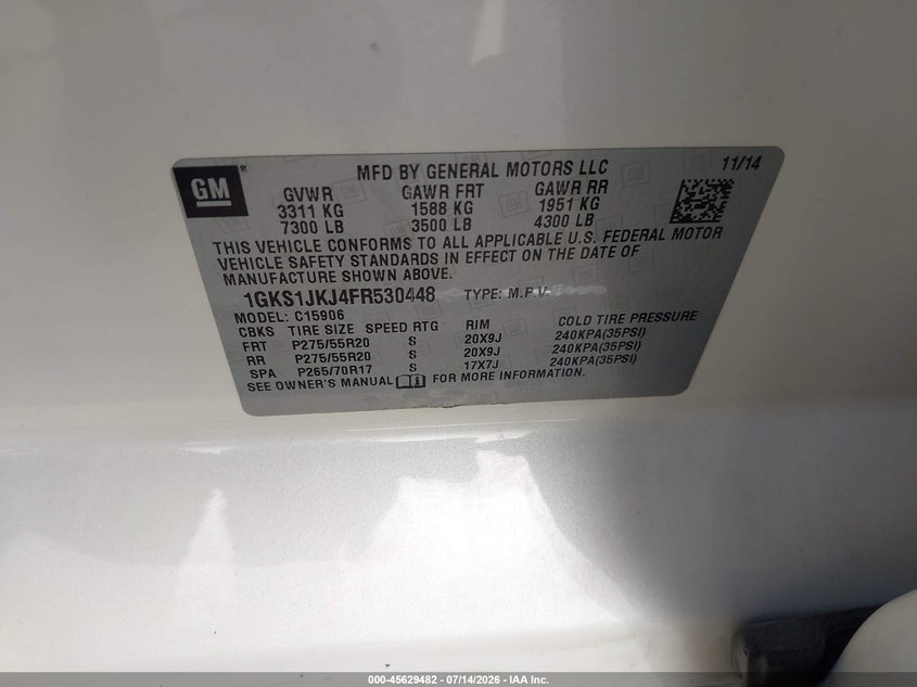 2015 Gmc Yukon xl VIN 1GKS1JKJ4FR530448 IAAI salvage auction — ALL OVER, Original (Texas), sold $7,900 on 2026-08-10 (photo 9)