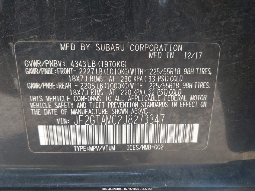 2018 Subaru Xv VIN JF2GTAMC2J8273347 IAAI salvage auction — FRONT END, Salvage Title, sold $4,000 on 2026-08-01 (photo 9)