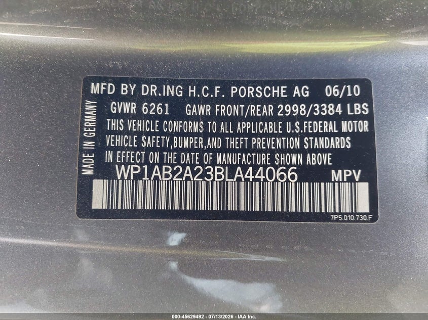 2011 Porsche Cayenne VIN WP1AB2A23BLA44066 IAAI salvage auction — NORMAL WEAR, Clear - Dealer Only (California), sold $25 on 2026-07-29 (photo 9)
