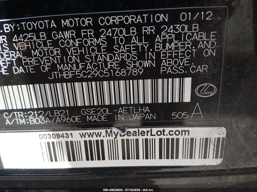 2012 Lexus Is VIN JTHBF5C29C5168789 IAAI salvage auction — NORMAL WEAR, Clear-Dealer Only (North Carolina), sold $150 on 2026-07-29 (photo 9)