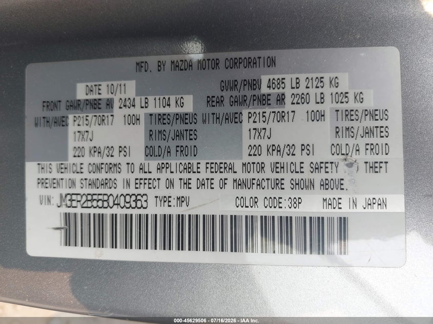2011 Mazda Cx-7 VIN JM3ER2B55B0409363 IAAI salvage auction — FRONT END, Junk Bill Of Sale Mv2459 (Wisconsin), sold $25 on 2026-07-23 (photo 9)