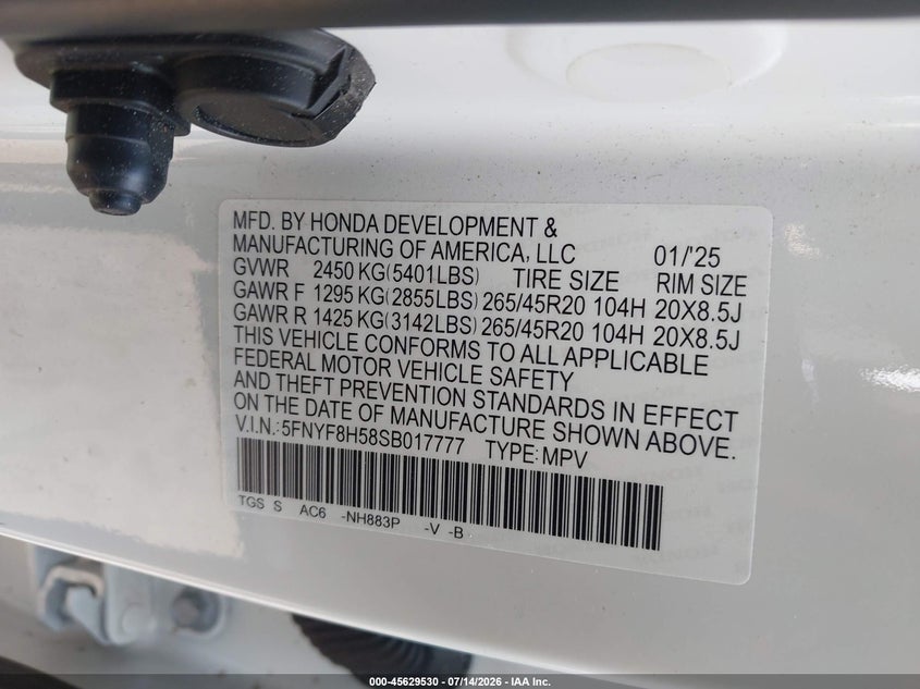 2025 Honda Passport VIN 5FNYF8H58SB017777 IAAI salvage auction — REAR END, Salvage Title, sold $8,500 on 2026-08-20 (photo 9)