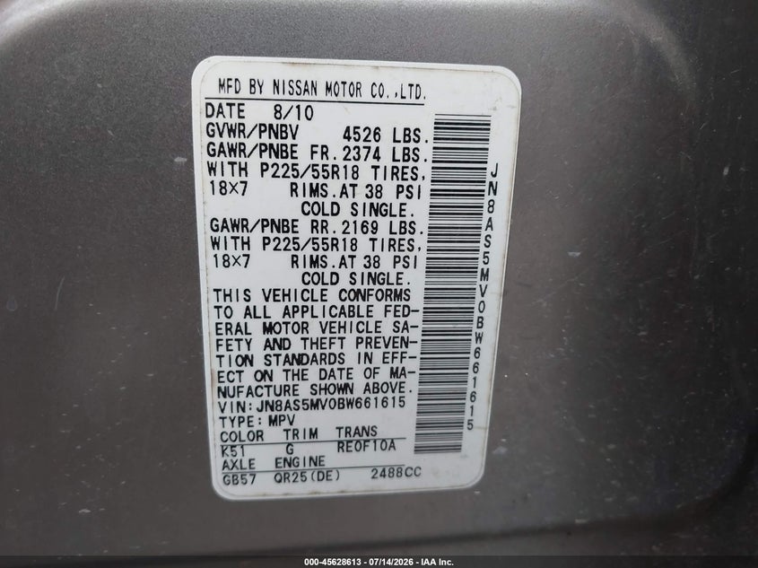 2011 Nissan Rogue VIN JN8AS5MV0BW661615 IAAI salvage auction — NORMAL WEAR, Original (Texas), sold $325 on 2026-07-28 (photo 9)