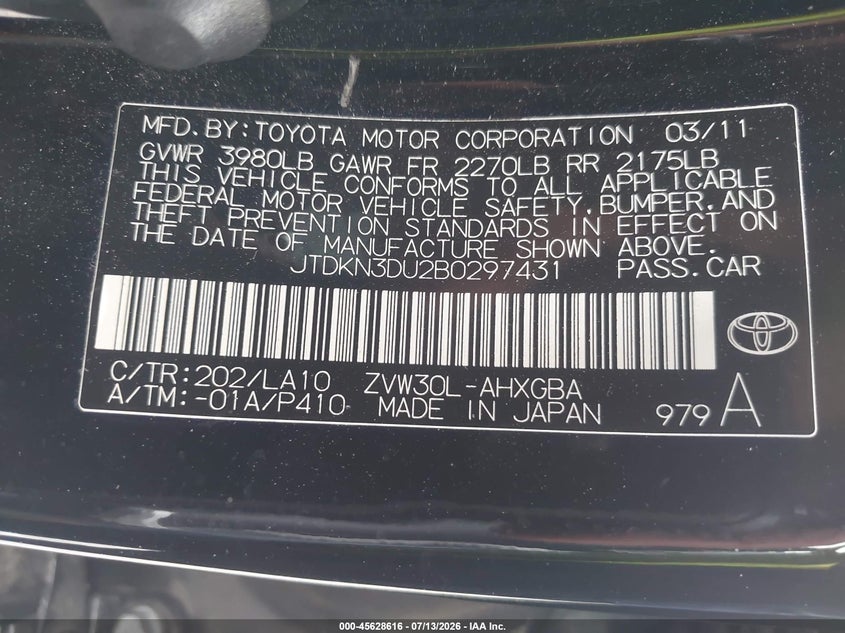 2011 Toyota Prius VIN JTDKN3DU2B0297431 IAAI salvage auction — NORMAL WEAR, Clear - Dealer Only (California), sold $2,000 on 2026-07-22 (photo 9)