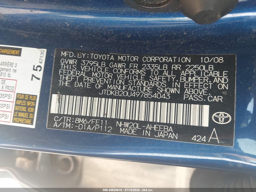 2009 Toyota Prius VIN JTDKB20U497854043 IAAI salvage auction — NORMAL WEAR, Clear (Pennsylvania), sold $200 on 2026-07-28 (photo 9)