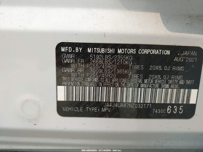 2022 Mitsubishi Outlander VIN JA4J4UA87NZ032171 IAAI salvage auction — FRONT & REAR, Salvage (New Jersey), sold $9,250 on 2026-09-16 (photo 9)
