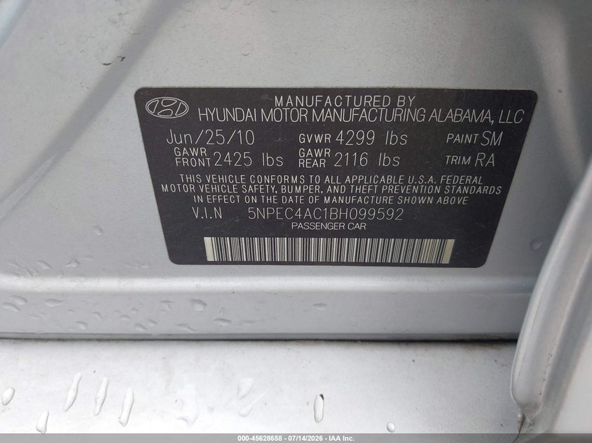 2011 Hyundai Sonata VIN 5NPEC4AC1BH099592 IAAI salvage auction — REAR END, Salvage (Texas), sold $375 on 2026-08-01 (photo 9)