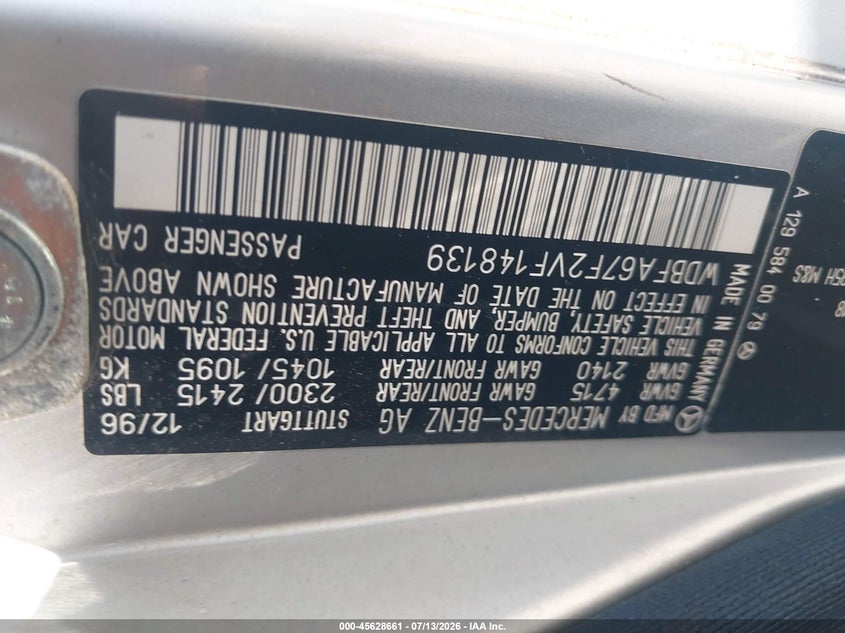1997 Mercedes-benz Sl-class VIN WDBFA67F2VF148139 IAAI salvage auction — NORMAL WEAR, Clear (Utah), sold $5,625 on 2026-07-16 (photo 9)