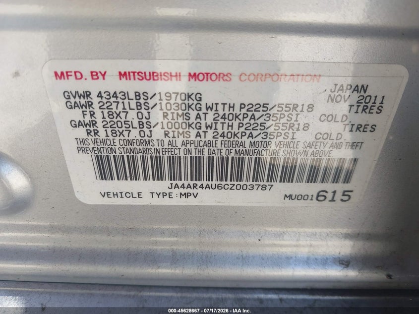 2012 Mitsubishi Outlander VIN JA4AR4AU6CZ003787 IAAI salvage auction — NORMAL WEAR, Clear - Dealer Only (California), sold $1,150 on 2026-07-30 (photo 9)