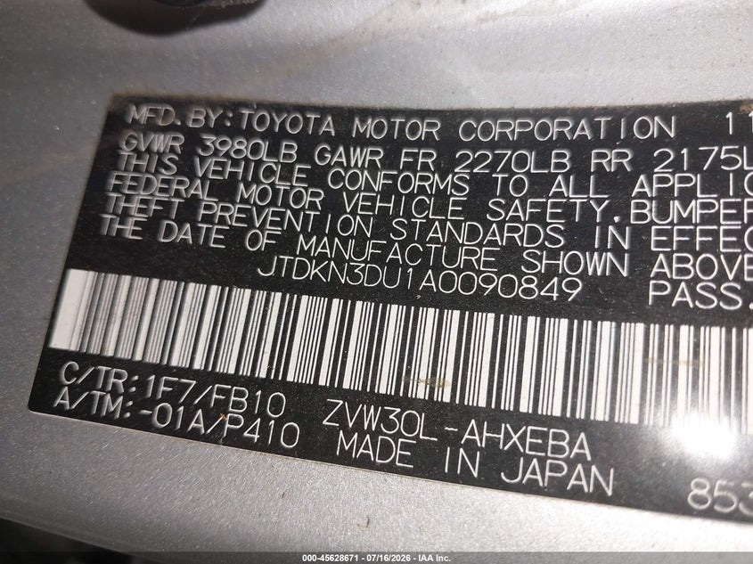 2010 Toyota Prius VIN JTDKN3DU1A0090849 IAAI salvage auction — NORMAL WEAR, Clear (New York), sold $850 on 2026-07-29 (photo 9)