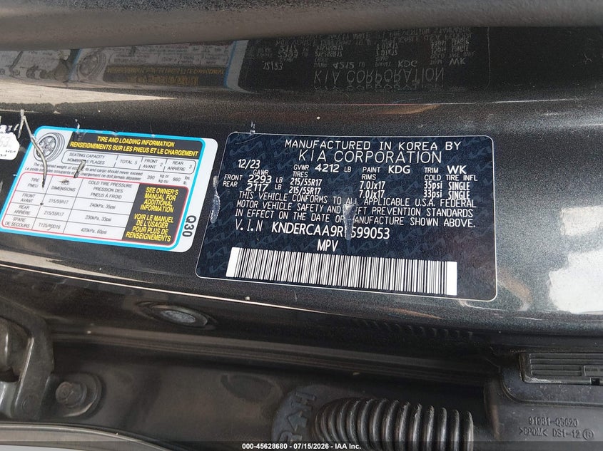 2024 Kia Seltos VIN KNDERCAA9R7599053 IAAI salvage auction — NORMAL WEAR, Clear (Florida), sold $1,550 on 2026-07-30 (photo 9)