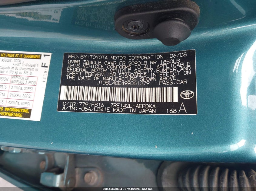 2009 Toyota Corolla VIN JTDBL40E499061279 IAAI salvage auction — NORMAL WEAR, Clear (Georgia), sold $1,150 on 2026-07-22 (photo 9)