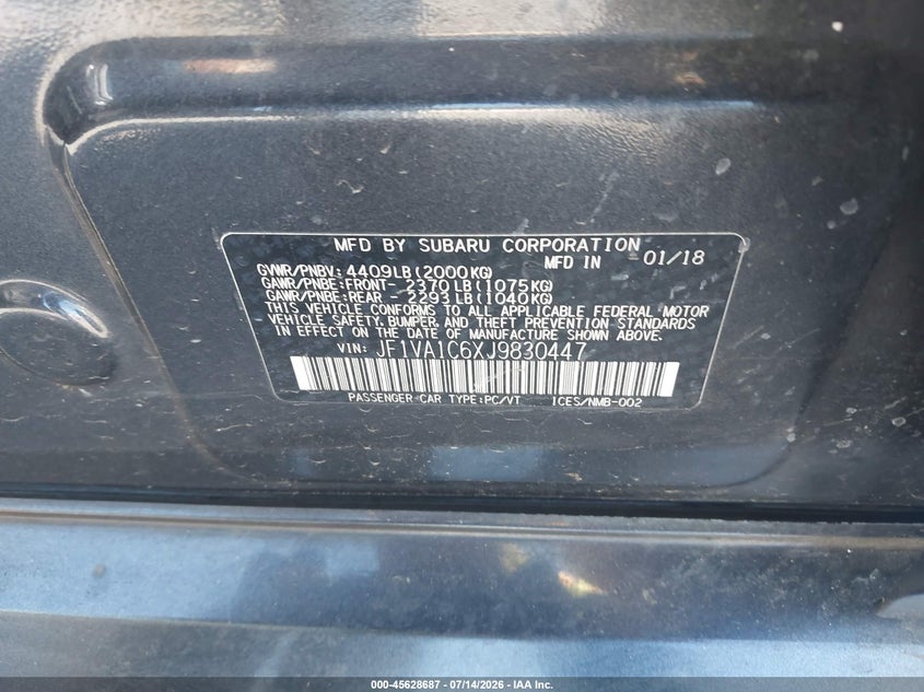 2018 Subaru Wrx VIN JF1VA1C6XJ9830447 IAAI salvage auction — NORMAL WEAR, Clear - Dealer Only (California), sold $2,050 on 2026-07-29 (photo 9)