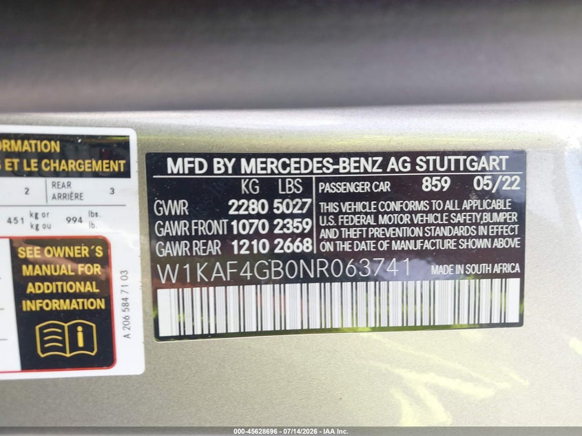 2022 Mercedes-benz C-klasse VIN W1KAF4GB0NR063741 IAAI salvage auction — FRONT END, Original (Texas), sold $11,700 on 2026-09-01 (photo 9)