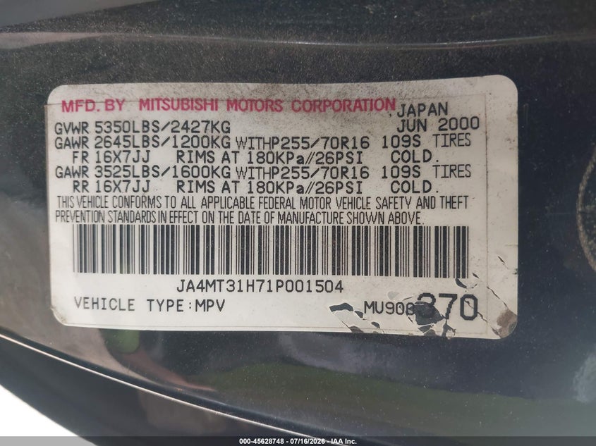 2001 Mitsubishi Montero VIN JA4MT31H71P001504 IAAI salvage auction — NORMAL WEAR, Clear (New Jersey), sold $25 on 2026-07-29 (photo 9)