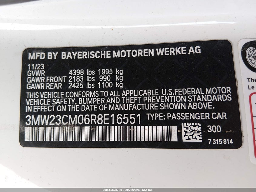 2024 BMW 2 Series VIN 3MW23CM06R8E16551 IAAI salvage auction — FRONT END, Salvage, sold $11,025 on 2026-09-28 (photo 9)