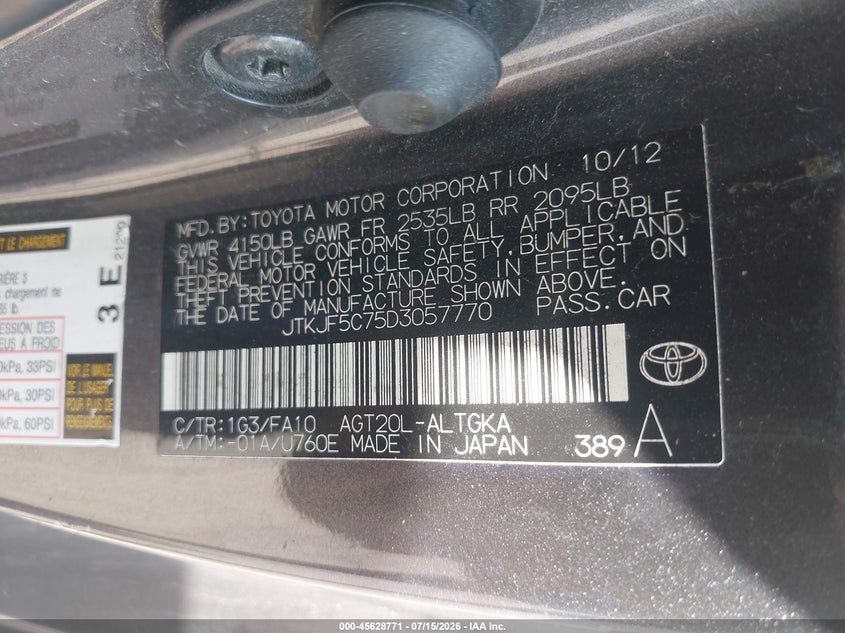 2013 Scion Tc VIN JTKJF5C75D3057770 IAAI salvage auction — FRONT & REAR, Salvage Title, sold $1,050 on 2026-08-03 (photo 9)