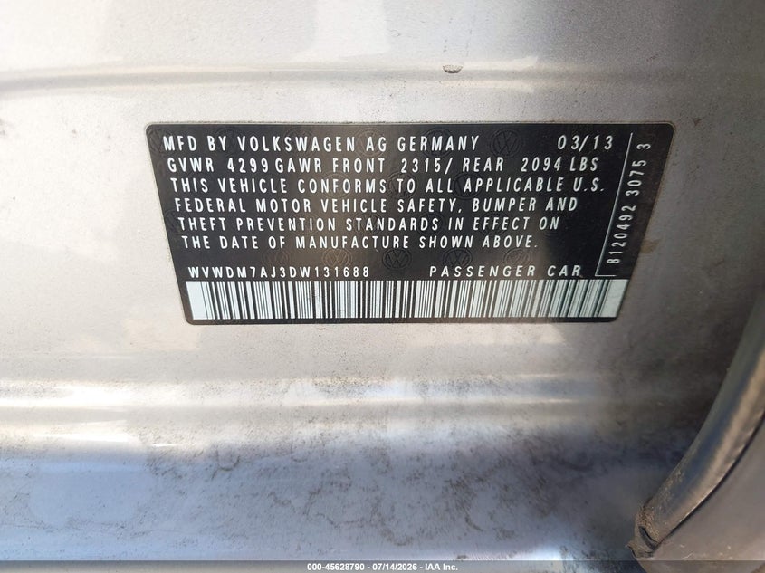 2013 Volkswagen Golf VIN WVWDM7AJ3DW131688 IAAI salvage auction — NORMAL WEAR, Clear - Dealer Only (California), sold $2,250 on 2026-07-30 (photo 9)
