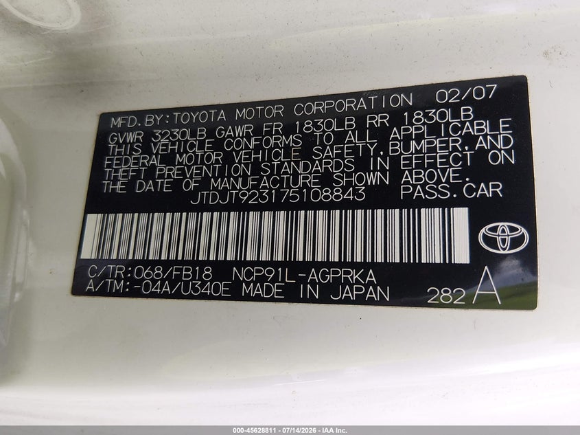 2007 Toyota Yaris VIN JTDJT923175108843 IAAI salvage auction — NORMAL WEAR, Clear, sold $2,650 on 2026-07-17 (photo 9)