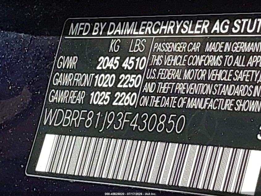 2003 Mercedes-benz C class VIN WDBRF81J93F430850 IAAI salvage auction — NORMAL WEAR, Clear (New York), sold $425 on 2026-07-28 (photo 9)